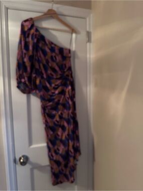 Zara One-Shoulder Abstract Print Dress in Purple, Pink & Blue